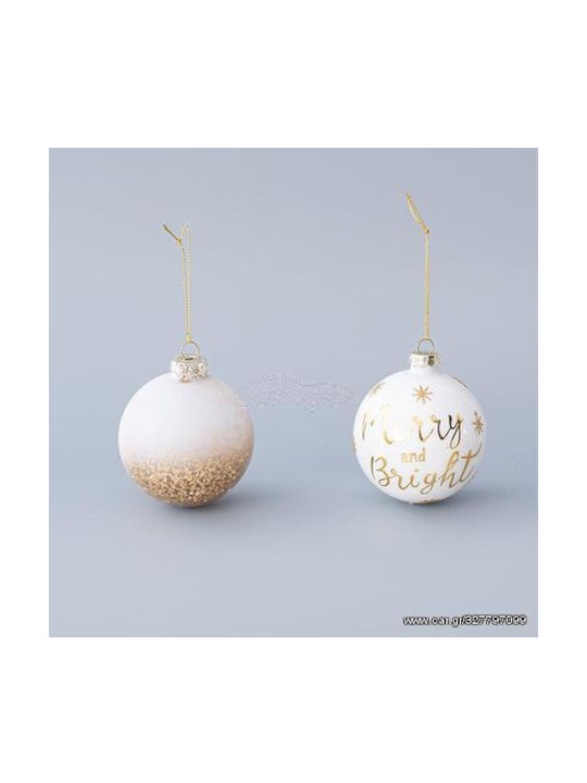 EUROLAMP Σετ Κρεμαστές Μπάλες Στολίδια Γυάλινες  ΛΕΥΚΗ ΜΕ ΧΡΥΣΑ ΣΧΕΔΙΑ ''MERRY AND BRIGHT'' 8cm 4τμχ  600-45040